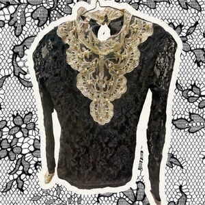 Elegant Black Lace Top with Gold Embellishments